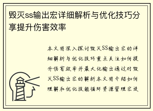 毁灭ss输出宏详细解析与优化技巧分享提升伤害效率