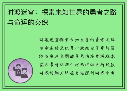 时渡迷宫：探索未知世界的勇者之路与命运的交织